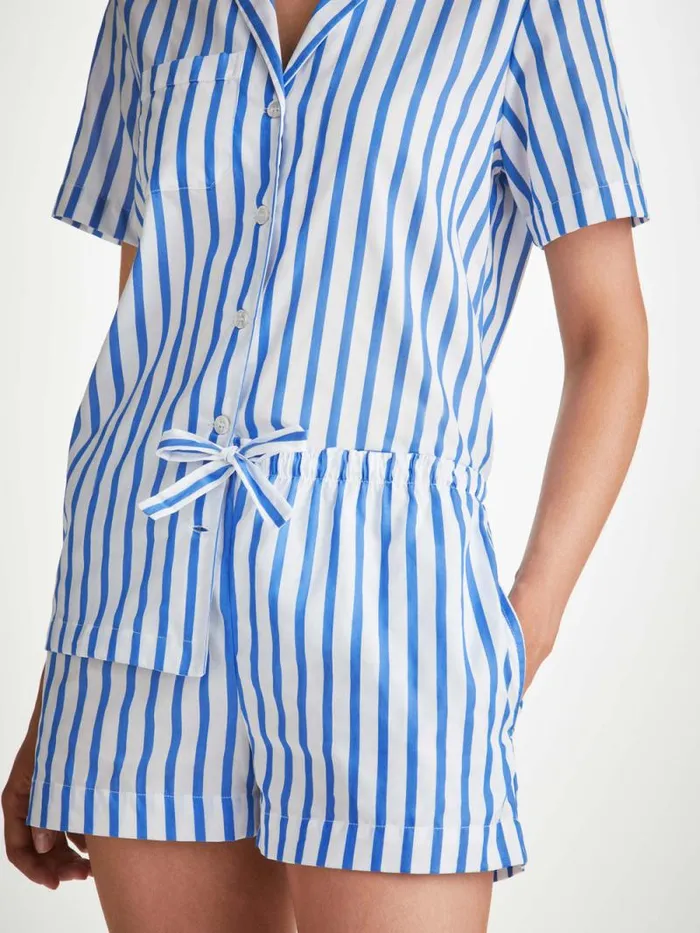 Derek Rose Cotton Pajamas Women Short Pajamas Capri 23 Cotton Batiste Blue