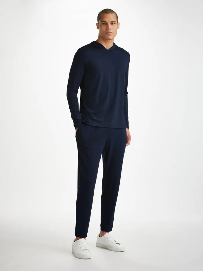 Derek Rose Hooded Tops Men Pullover Hoodie Basel Micro Modal Stretch Navy