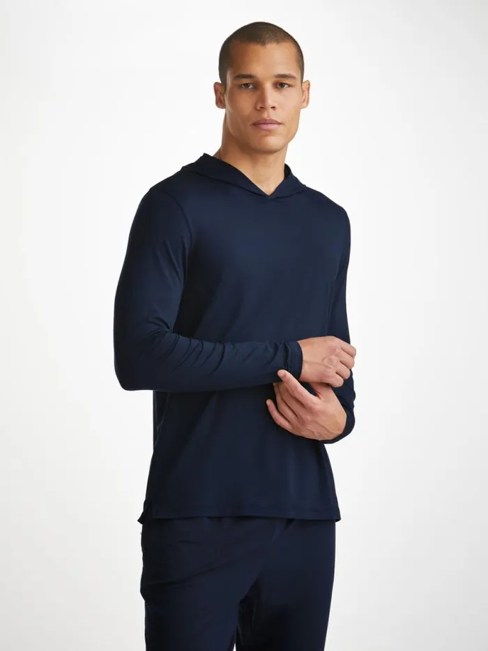 Derek Rose Hooded Tops Men Pullover Hoodie Basel Micro Modal Stretch Navy
