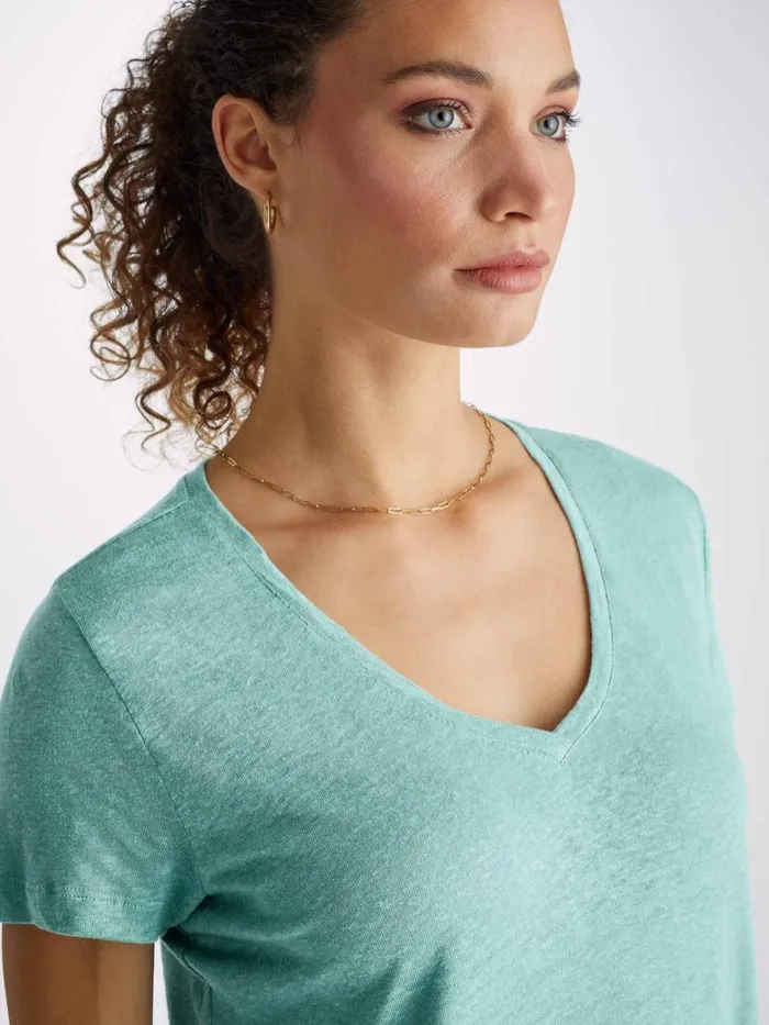 Derek Rose Short Sleeve TShirts Women VNeck TShirt Jordan Linen Soft Aqua