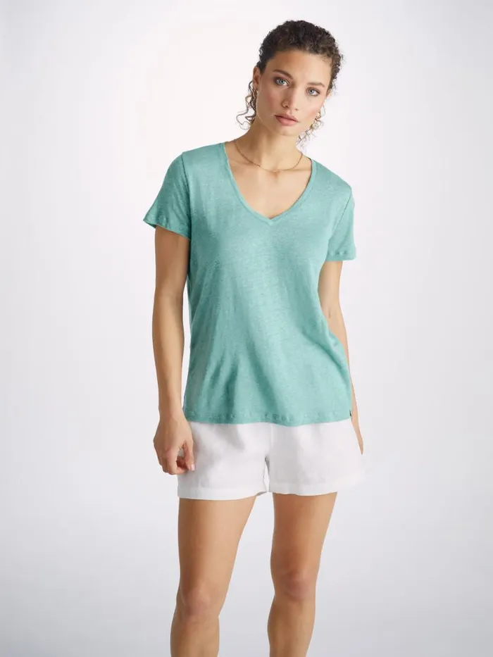 Derek Rose Short Sleeve TShirts Women VNeck TShirt Jordan Linen Soft Aqua