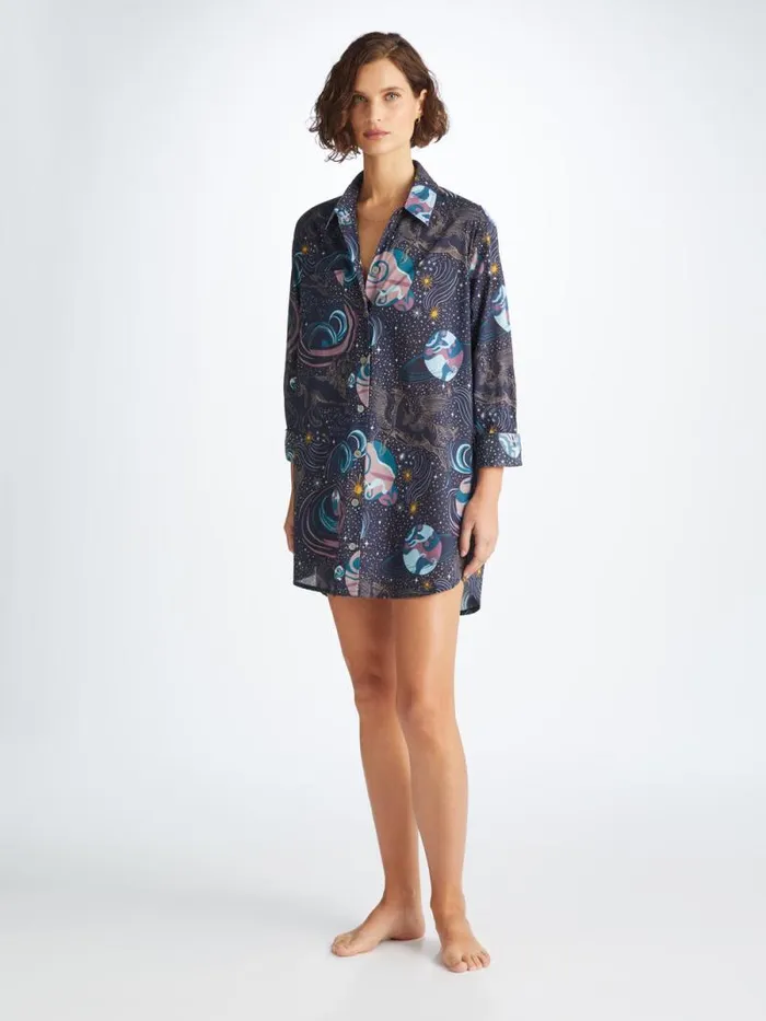 Derek Rose Sleep Shirts Women Nightshirt Ledbury 76 Cotton Batiste Navy