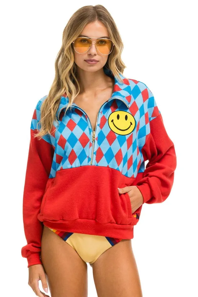 Diamond Smiley 2 Fleece Half Zip Color Block Sweatshirt 8211 Red Sky WomenMen Aviator Nation Sweatshirts Diamond Smiley 2 Fleece Half Zip Color Block Sweatshirt 8211 Red Sky WomenMen Aviator Nation Sweatshirts