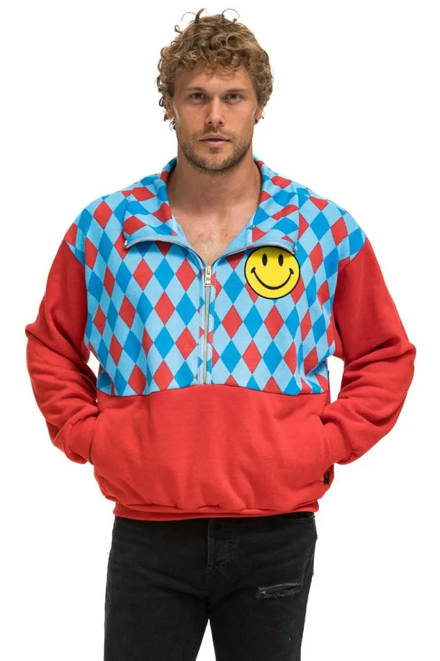 Diamond Smiley 2 Fleece Half Zip Color Block Sweatshirt 8211 Red Sky WomenMen Aviator Nation Sweatshirts