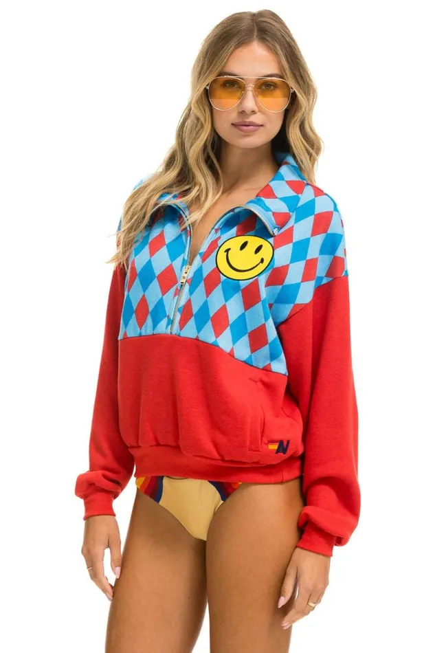 Diamond Smiley 2 Fleece Half Zip Color Block Sweatshirt 8211 Red Sky WomenMen Aviator Nation Sweatshirts