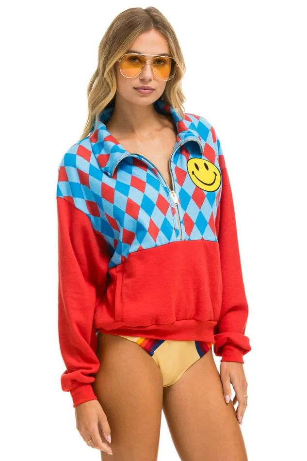 Diamond Smiley 2 Fleece Half Zip Color Block Sweatshirt 8211 Red Sky WomenMen Aviator Nation Sweatshirts