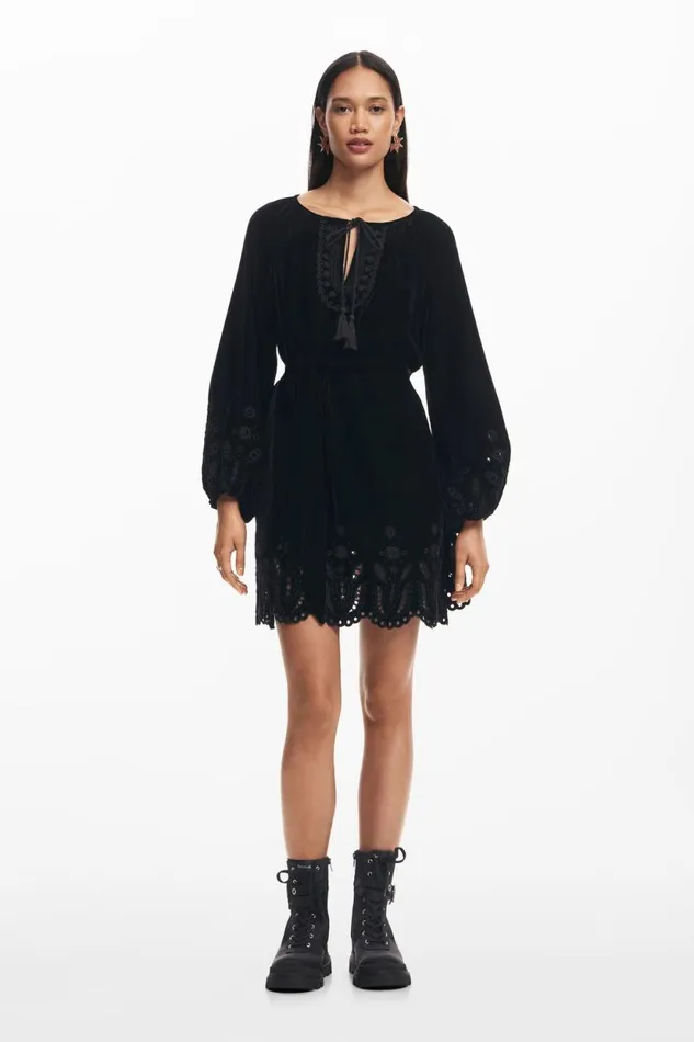 Dresses And Jumpsuits Women Desigual Embroidered Mini Dress Black
