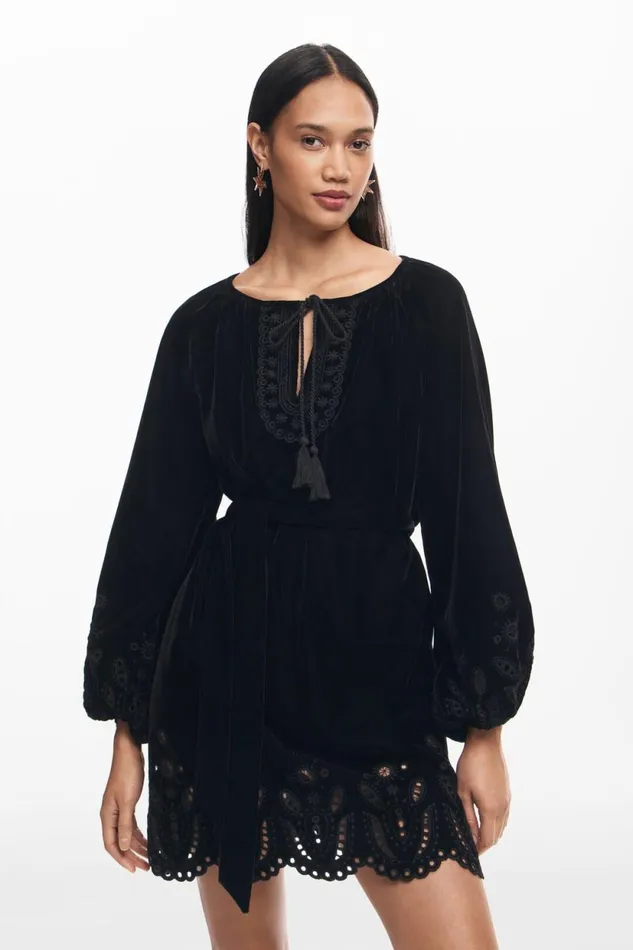 Dresses And Jumpsuits Women Desigual Embroidered Mini Dress Black