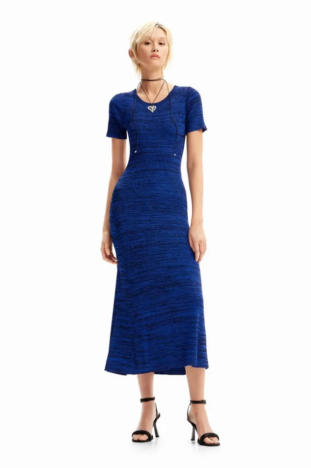 Dresses And Jumpsuits Women Desigual Long Mottled Ribbed Dress Blue
