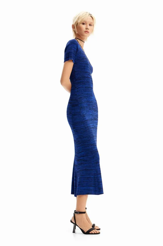 Dresses And Jumpsuits Women Desigual Long Mottled Ribbed Dress Blue