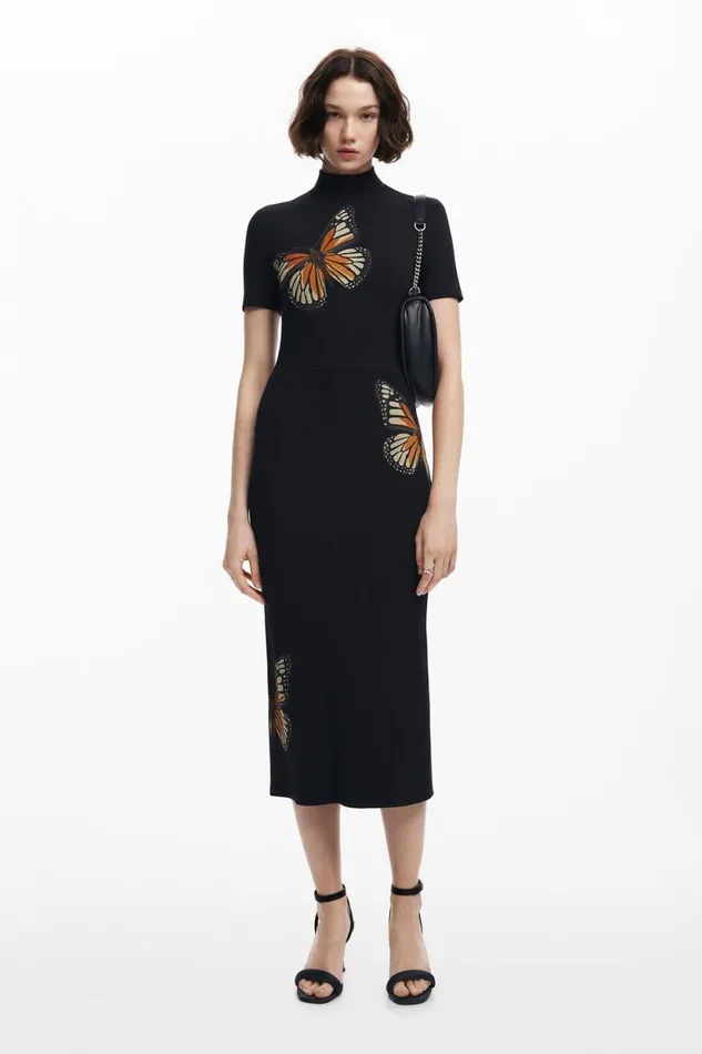 Dresses And Jumpsuits Women Desigual Slim Midi Butterfly Dress Black