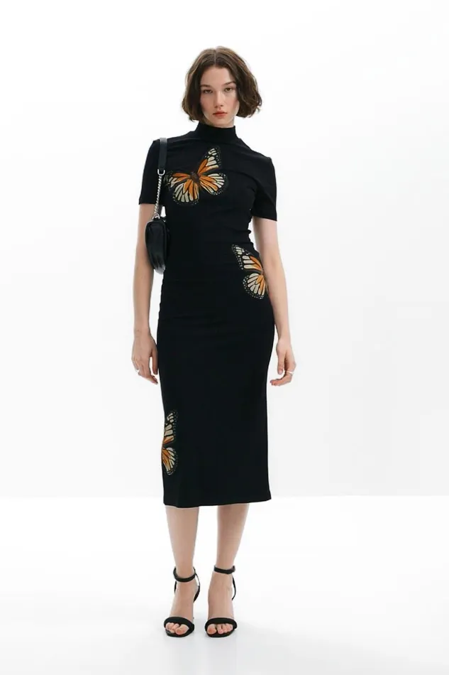 Dresses And Jumpsuits Women Desigual Slim Midi Butterfly Dress Black