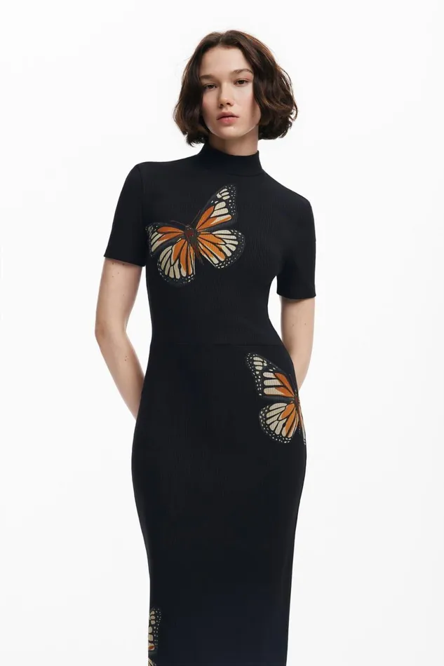 Dresses And Jumpsuits Women Desigual Slim Midi Butterfly Dress Black