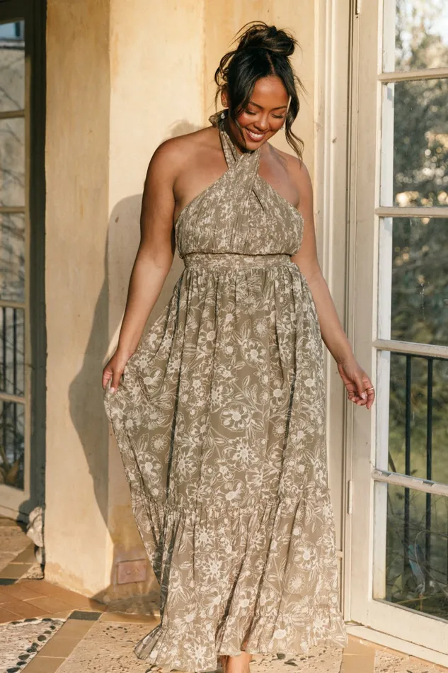 Dresses Petal and Pup Women Lennon Halterneck Maxi Dress Olive Floral