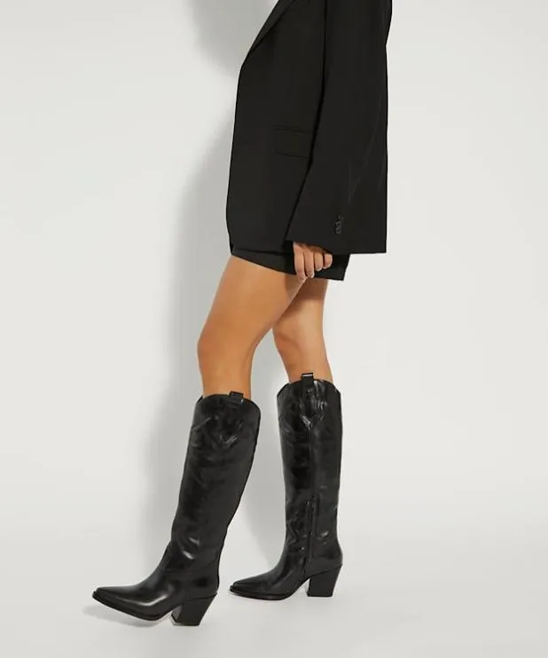 Dune London Black Boots Women Leather KneeHigh Western Boots Black