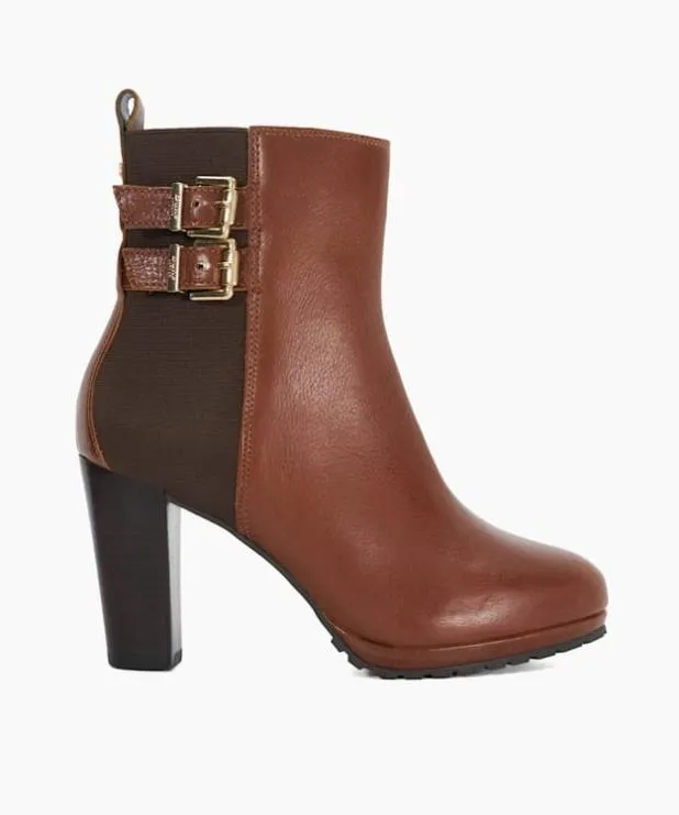 Dune London Brown Boots Women Double Buckle Block Heel Boots Brown