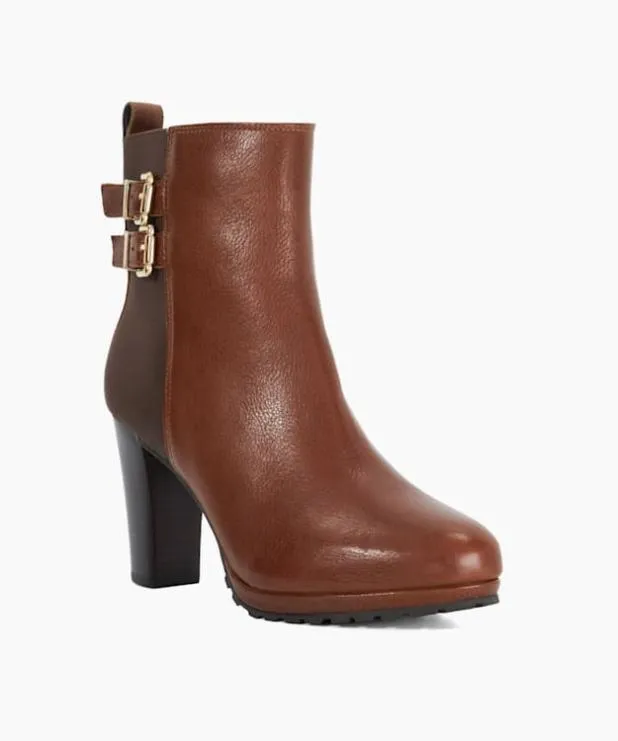 Dune London Brown Boots Women Double Buckle Block Heel Boots Brown