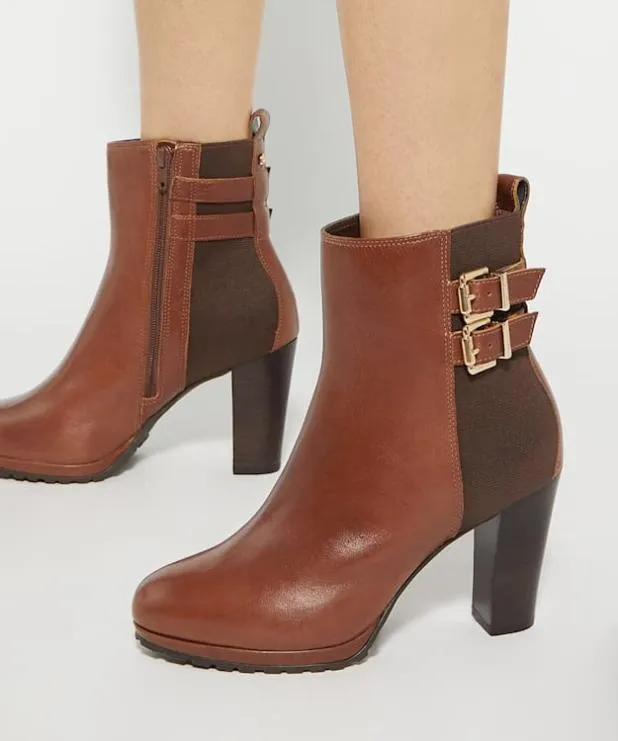 Dune London Brown Boots Women Double Buckle Block Heel Boots Brown