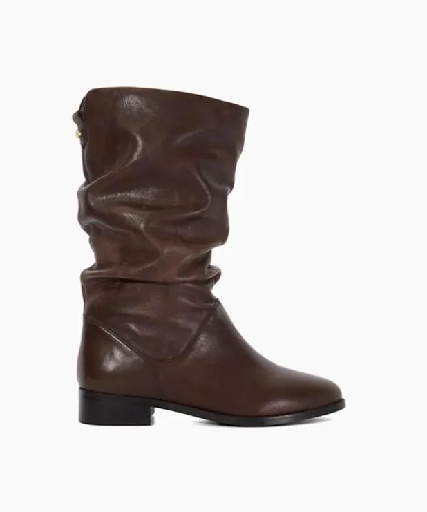 Dune London Brown Boots Women Leather Ruched High Leg Boots Brown
