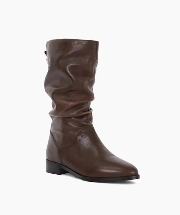 Dune London Brown Boots Women Leather Ruched High Leg Boots Brown