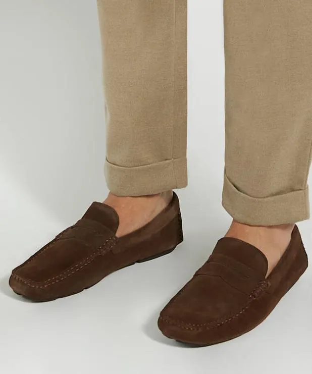 Dune London Brown Shoes Men SquareToe Suede Moccasin Loafers Brown
