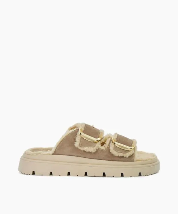 Dune London Flat Sandals Women Cosy Lined Two Bar Mules Neutral