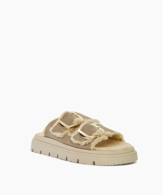 Dune London Flat Sandals Women Cosy Lined Two Bar Mules Neutral