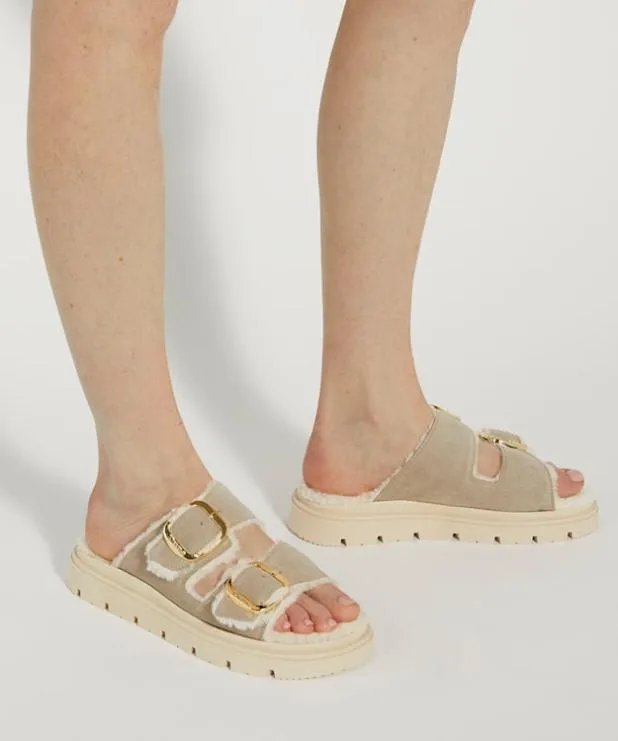 Dune London Flat Sandals Women Cosy Lined Two Bar Mules Neutral