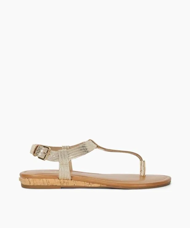 Dune London Flat Sandals Women Reptile Metallic Leather Cork Wedge Sandals Metallic