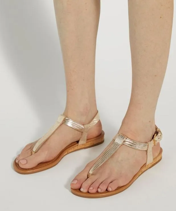 Dune London Flat Sandals Women Reptile Metallic Leather Cork Wedge Sandals Metallic