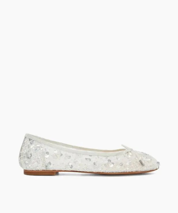 Dune London Flat Shoes Women Embellished Mesh Ballet Flat White