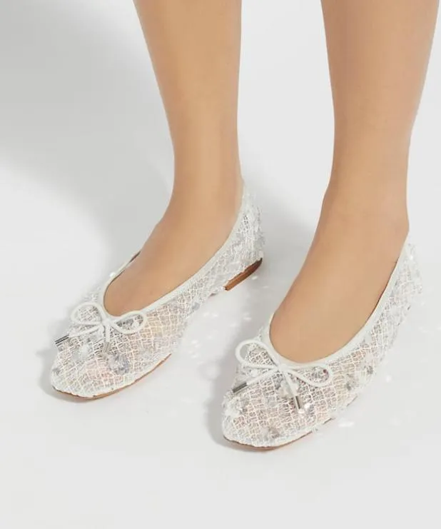 Dune London Flat Shoes Women Embellished Mesh Ballet Flat White