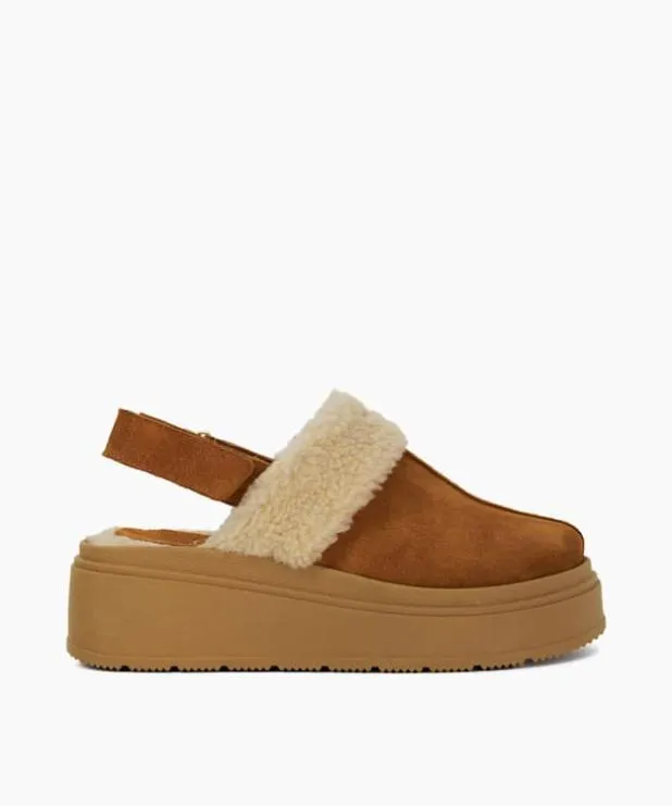 Dune London Flat Shoes Women Suede Faux Fur Mules Brown