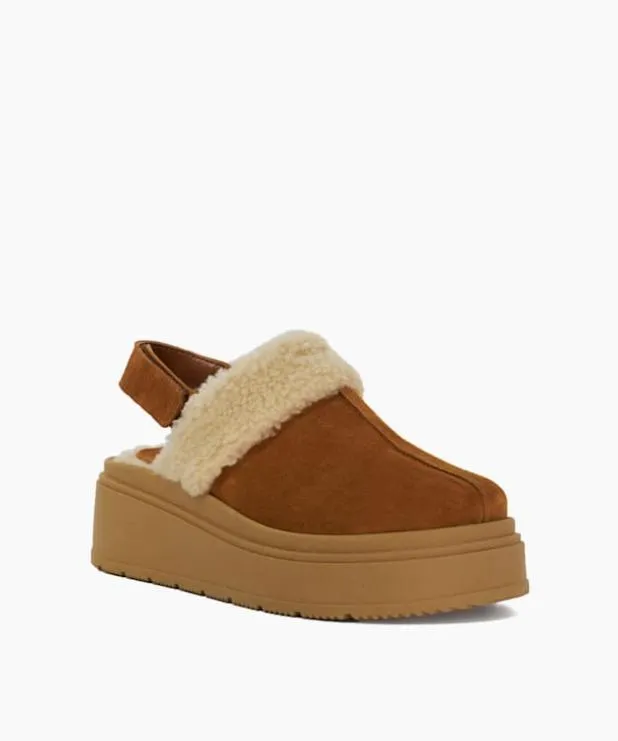 Dune London Flat Shoes Women Suede Faux Fur Mules Brown