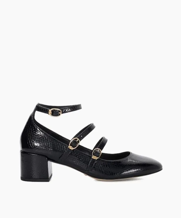 Dune London Heels Women Croc Effect Low Heel Court Shoes Black Leather