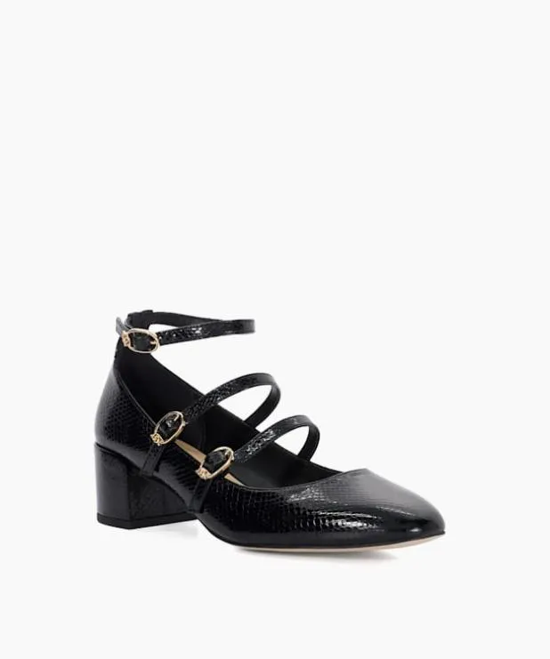 Dune London Heels Women Croc Effect Low Heel Court Shoes Black Leather