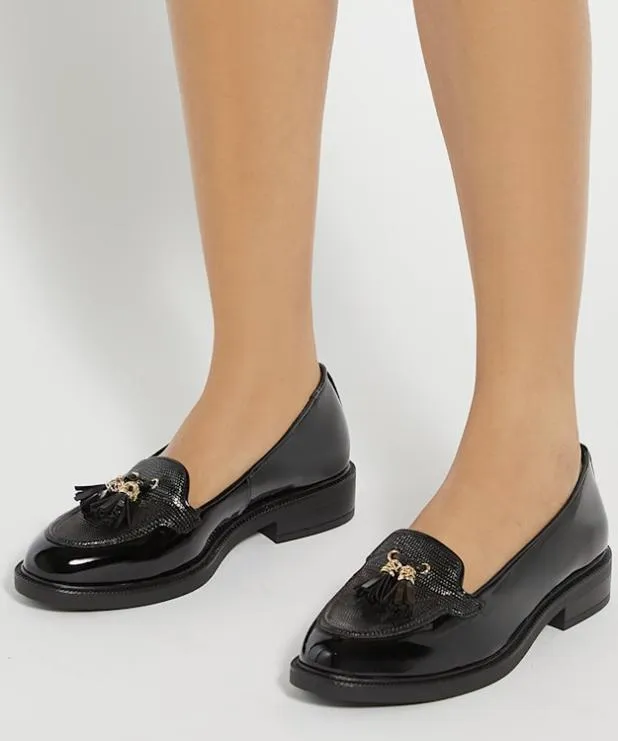 Dune London Loafers Women Wide Fit Patent Tassel Loafers Black