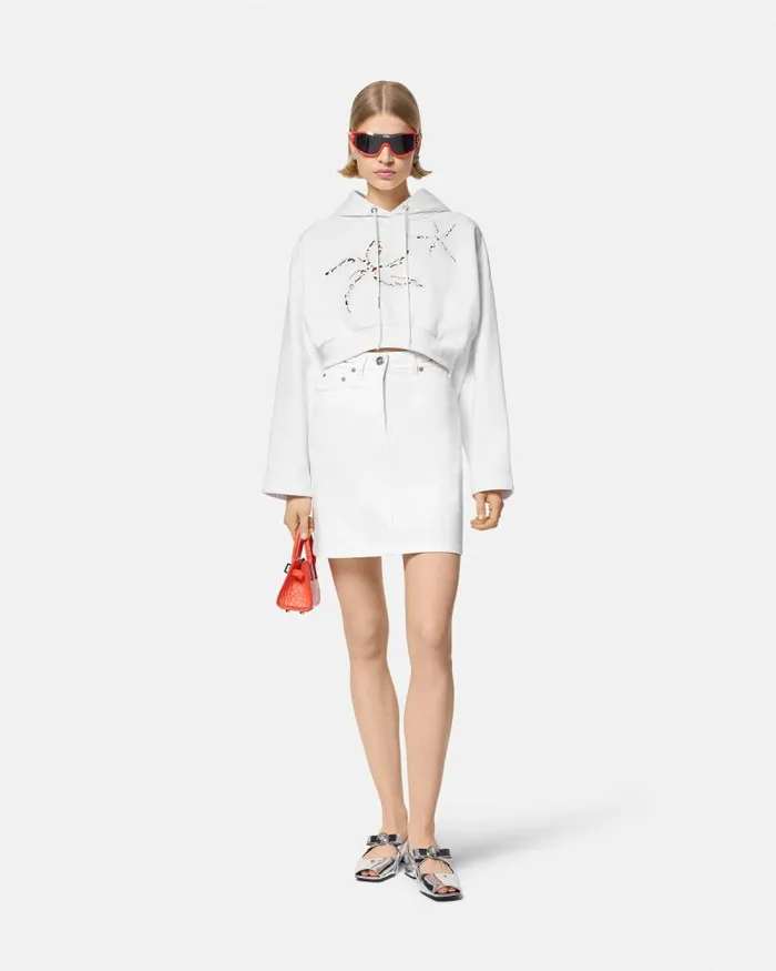 Embroidered Crop Hoodie White Women Versace TShirts and Sweatshirts