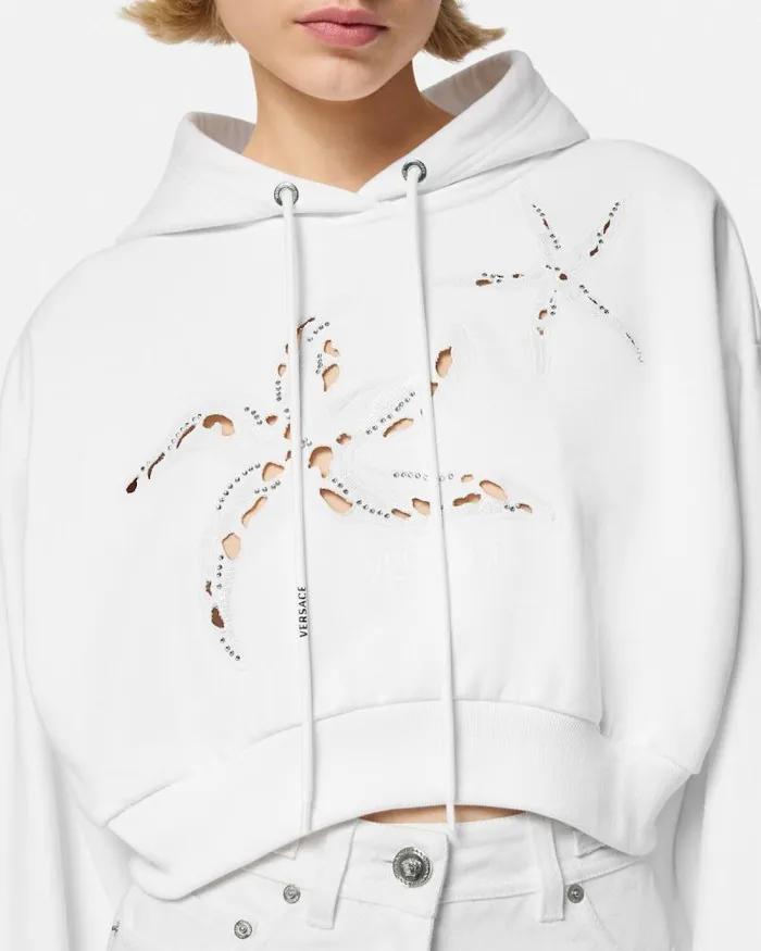 Embroidered Crop Hoodie White Women Versace TShirts and Sweatshirts