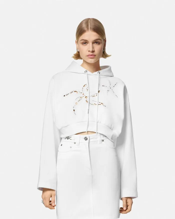 Embroidered Crop Hoodie White Women Versace TShirts and Sweatshirts