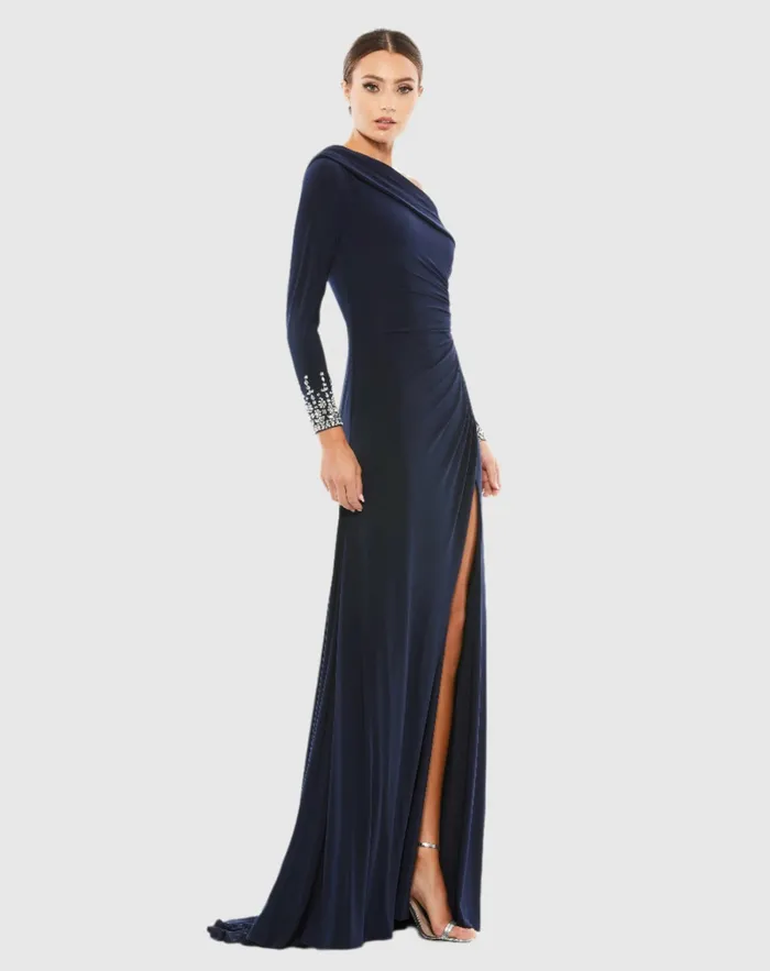 Evening Gowns Mac Duggal Women Beaded Cuff Drop Shoulder Faux Wrap Dress Midnight Evening Gowns Mac Duggal Women Beaded Cuff Drop Shoulder Faux Wrap Dress Midnight
