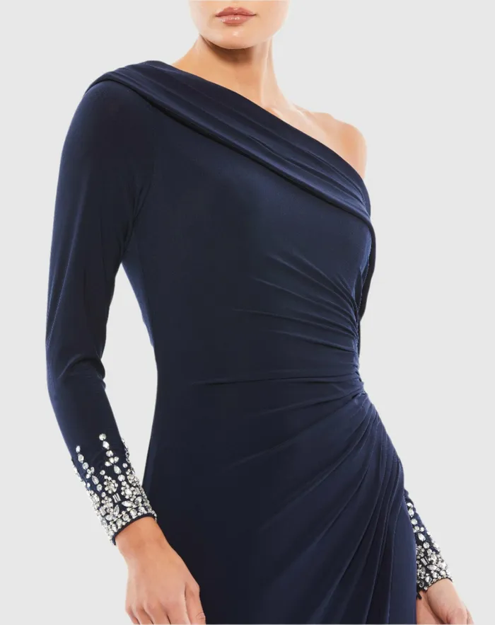 Evening Gowns Mac Duggal Women Beaded Cuff Drop Shoulder Faux Wrap Dress Midnight