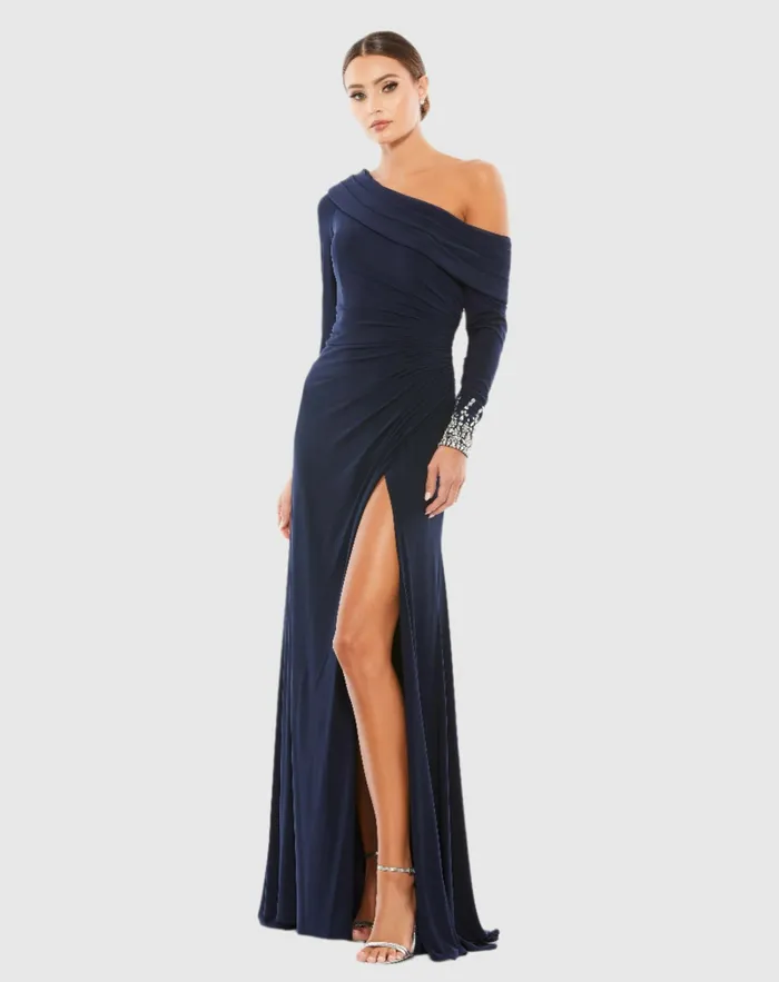 Evening Gowns Mac Duggal Women Beaded Cuff Drop Shoulder Faux Wrap Dress Midnight