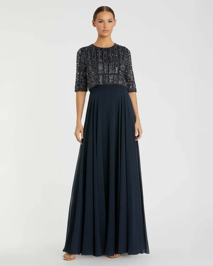 Evening Gowns Mac Duggal Women Blue Chiffon Gown w Fully Beaded 34 Sleeve Top Midnight Evening Gowns Mac Duggal Women Blue Chiffon Gown w Fully Beaded 34 Sleeve Top Midnight