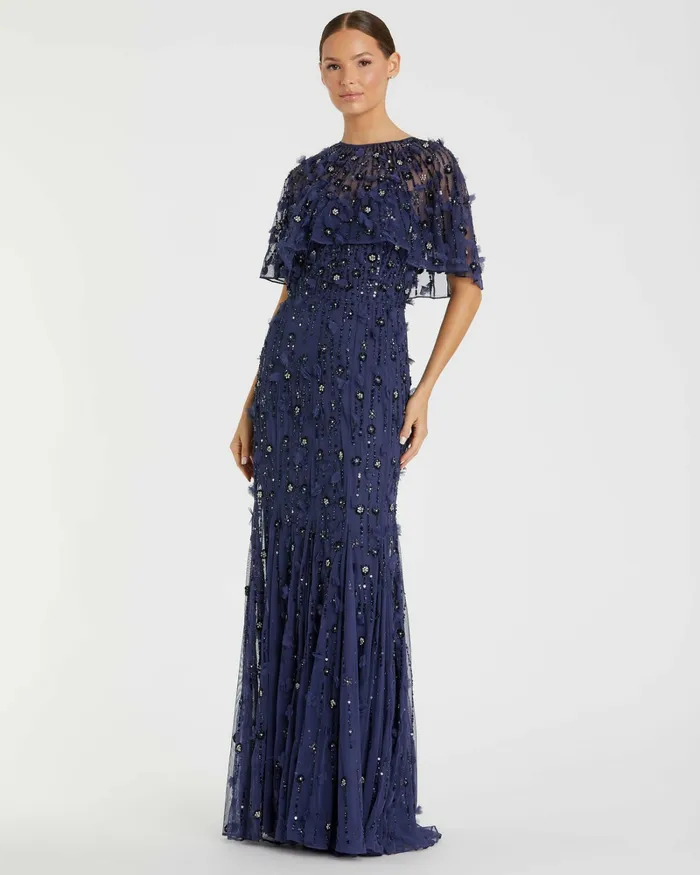 Evening Gowns Mac Duggal Women Embellished Illusion Cape Sleeve Trumpet Gown Midnight Evening Gowns Mac Duggal Women Embellished Illusion Cape Sleeve Trumpet Gown Midnight
