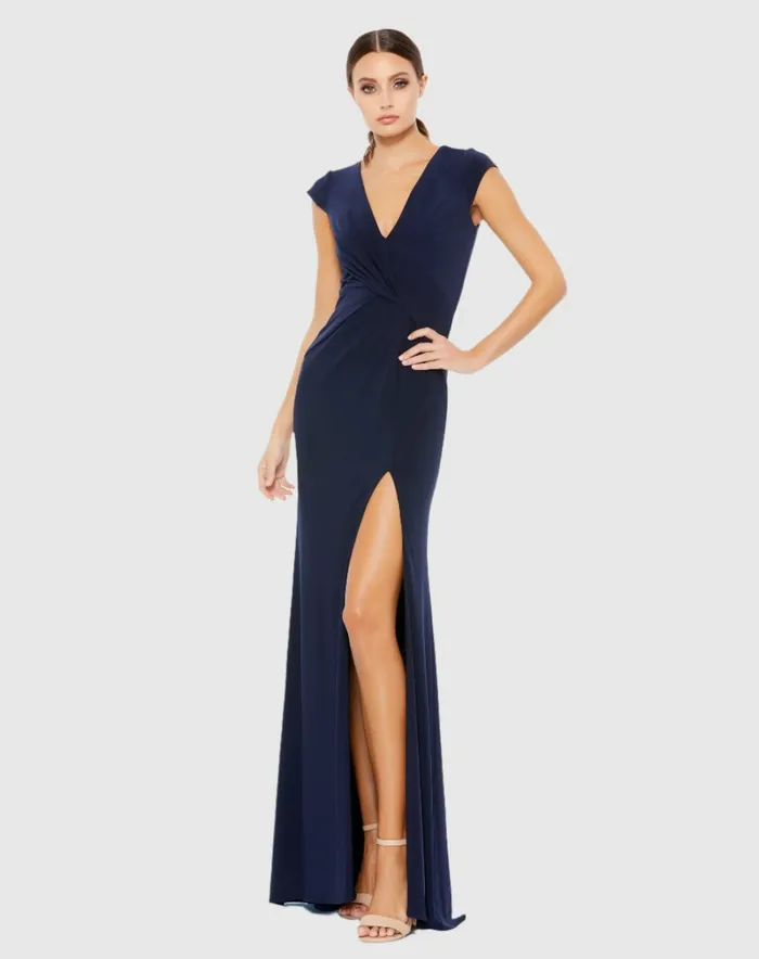 Evening Gowns Mac Duggal Women VNeck Ruched Jersey Gown Navy