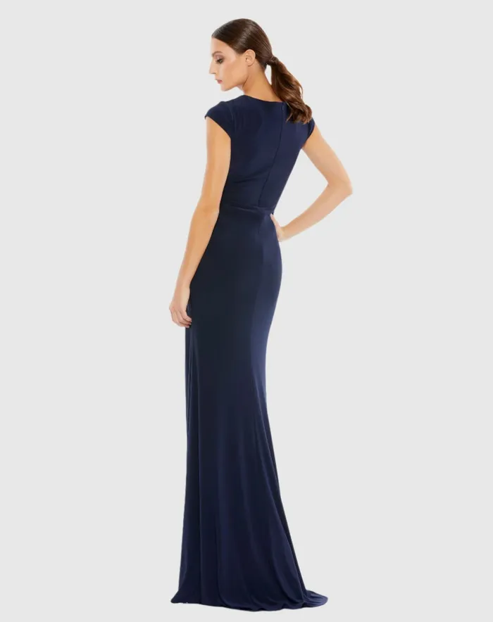 Evening Gowns Mac Duggal Women VNeck Ruched Jersey Gown Navy