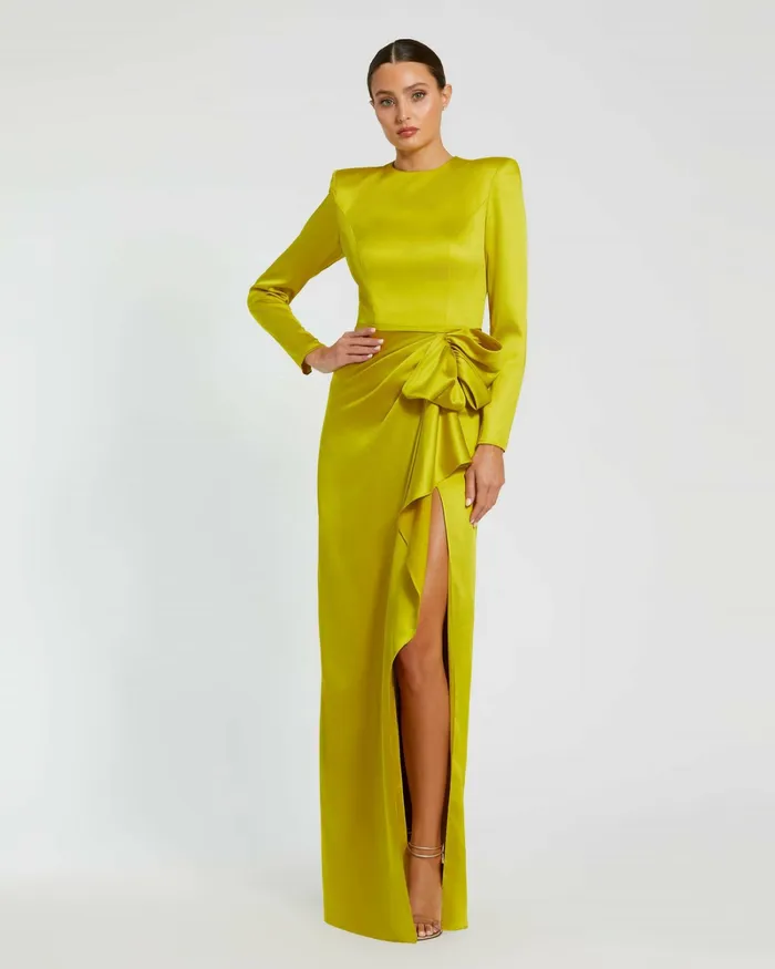 Evening Gowns Women Mac Duggal Long Sleeve Structured Bow Draped Gown Chartreuse Evening Gowns Women Mac Duggal Long Sleeve Structured Bow Draped Gown Chartreuse