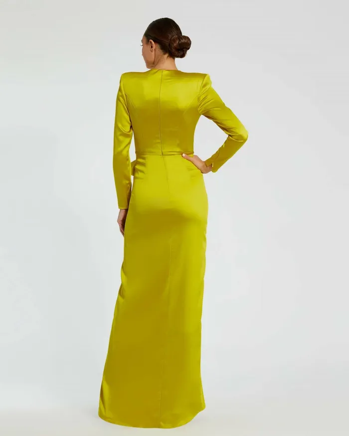 Evening Gowns Women Mac Duggal Long Sleeve Structured Bow Draped Gown Chartreuse