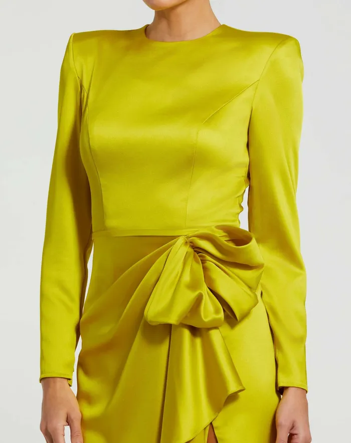 Evening Gowns Women Mac Duggal Long Sleeve Structured Bow Draped Gown Chartreuse